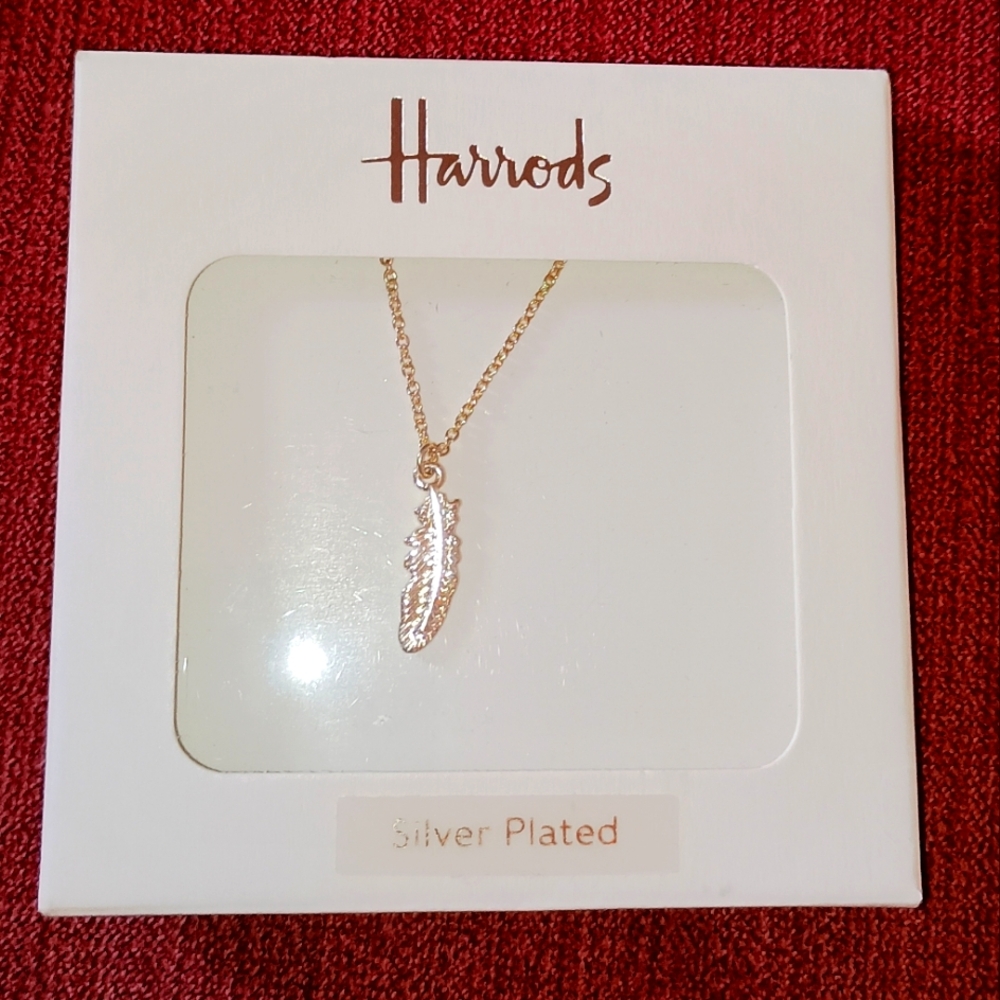 Harrods Gold Tone silverplated Feather Necklace New With Tags